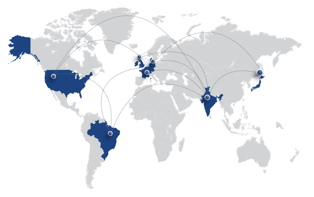 iASYS global presence map showing offices in United States, UK, Germany, France, Brazil, India, and Japan